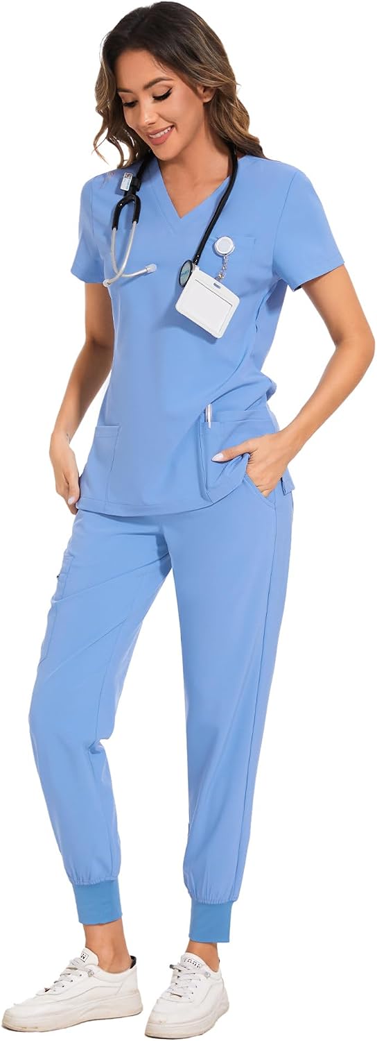 COZYFIT Scrubs for Women Set - Stretch V-Neck Scrub Top & Jogger Pant with 8 Pockets COZY SCRUBS - Colors D