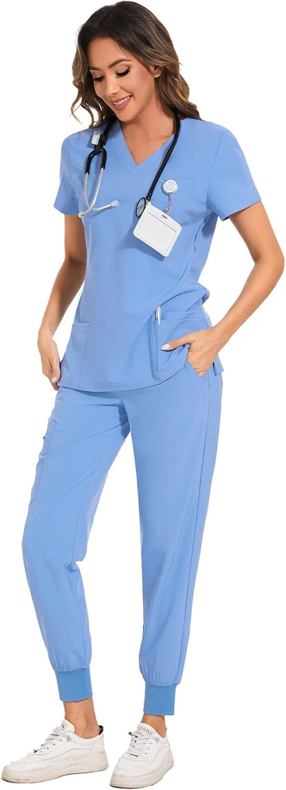 COZYFIT Scrubs for Women Set - Stretch V-Neck Scrub Top & Jogger Pant with 8 Pockets COZY SCRUBS - Colors D