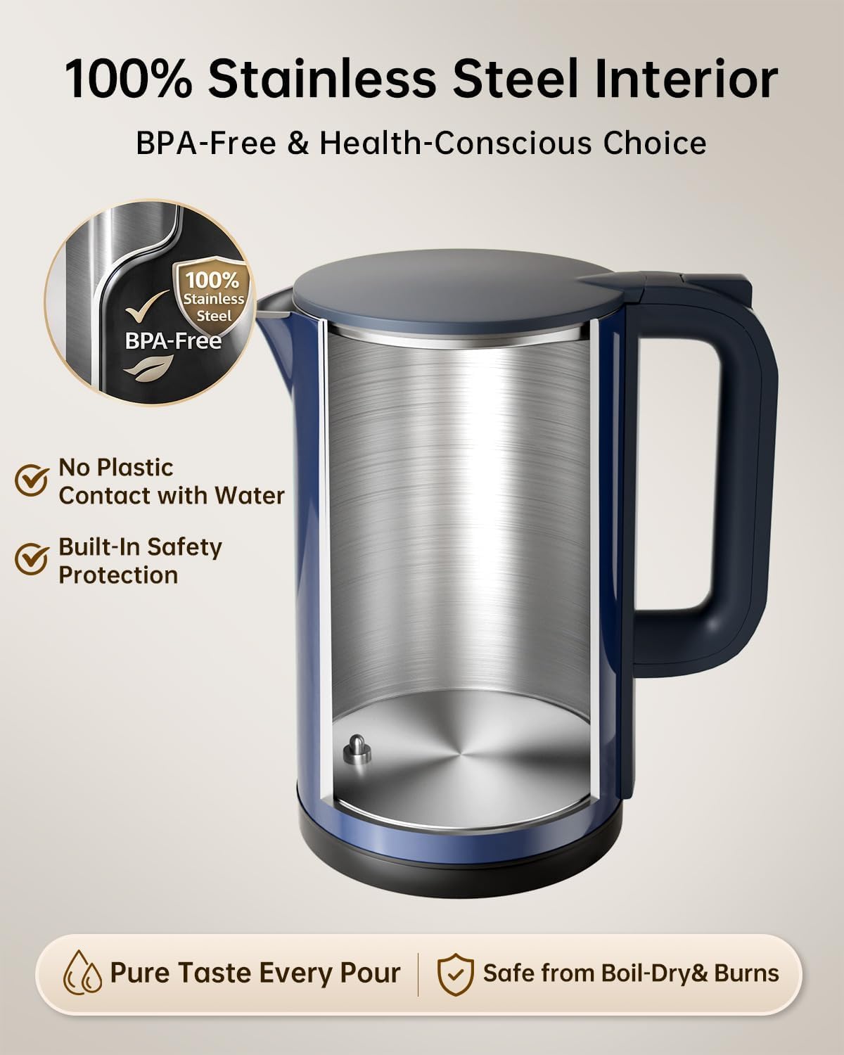 Electric Kettle with Temperature Control, 1.7L Hot Water Kettle for Tea, Coffee & Daily Use, 5 Presets, 2H Keep Warm, Stainless Steel Interior, Auto Shut-Off, Cordless Electric Tea Kettle, Blue