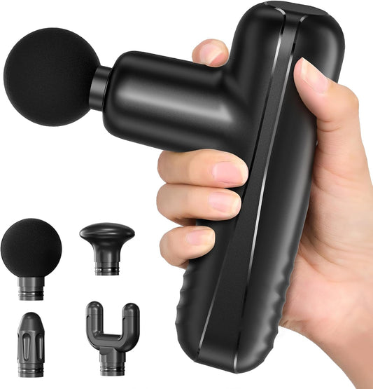 Mini Massage Gun, Powerful Handheld Muscle Massager for Muscle Relaxation, Deep Tissue Percussion Small Massage Gun Travel Massager with 4 Massage Heads Silent Brushless Motor, Black