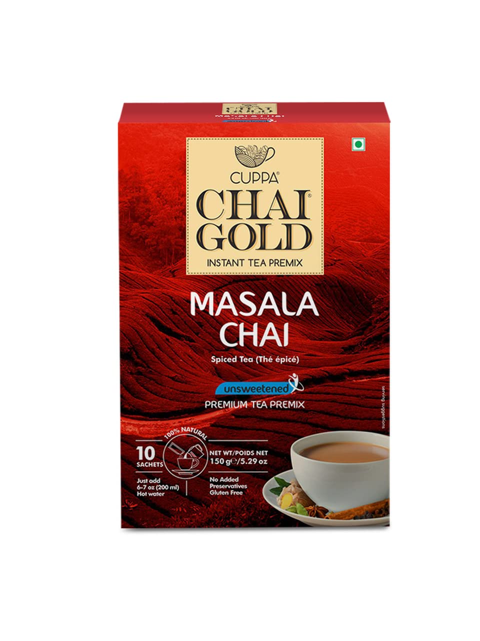 Cuppa Chai Gold Cardamom Chai Instant Tea Premix Unsweetened, No Added Sugar, Rich Cardamom Flavor Tea Beverage Mix, Just Add Hot Water, Convenient Single-Serve Sachets for Home, Office & Travel, Pack of 1 (10 Count)