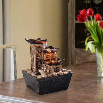 GOSSI Indoor Waterfall Fountain, 10.3" Tabletop Water Fountain with LED Lights & River Rocks, Relaxing Home Office Decor