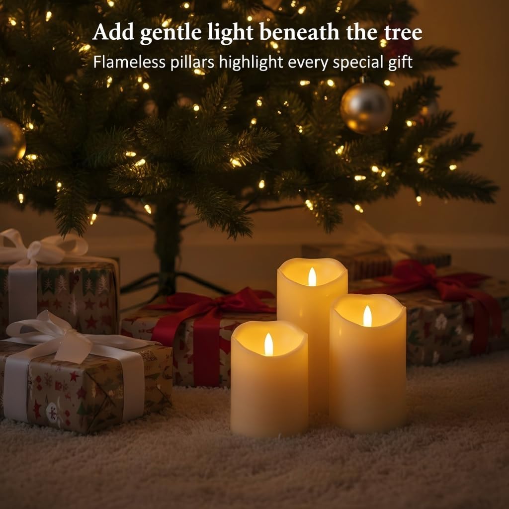ANGELLOONG Flickering Flameless Candles, Realistic Battery Operated Candles with Remote and Timer, Set of 3 LED Candles for Fall Room Home Wedding Decor Centerpieces Table Party Christmas Decorations