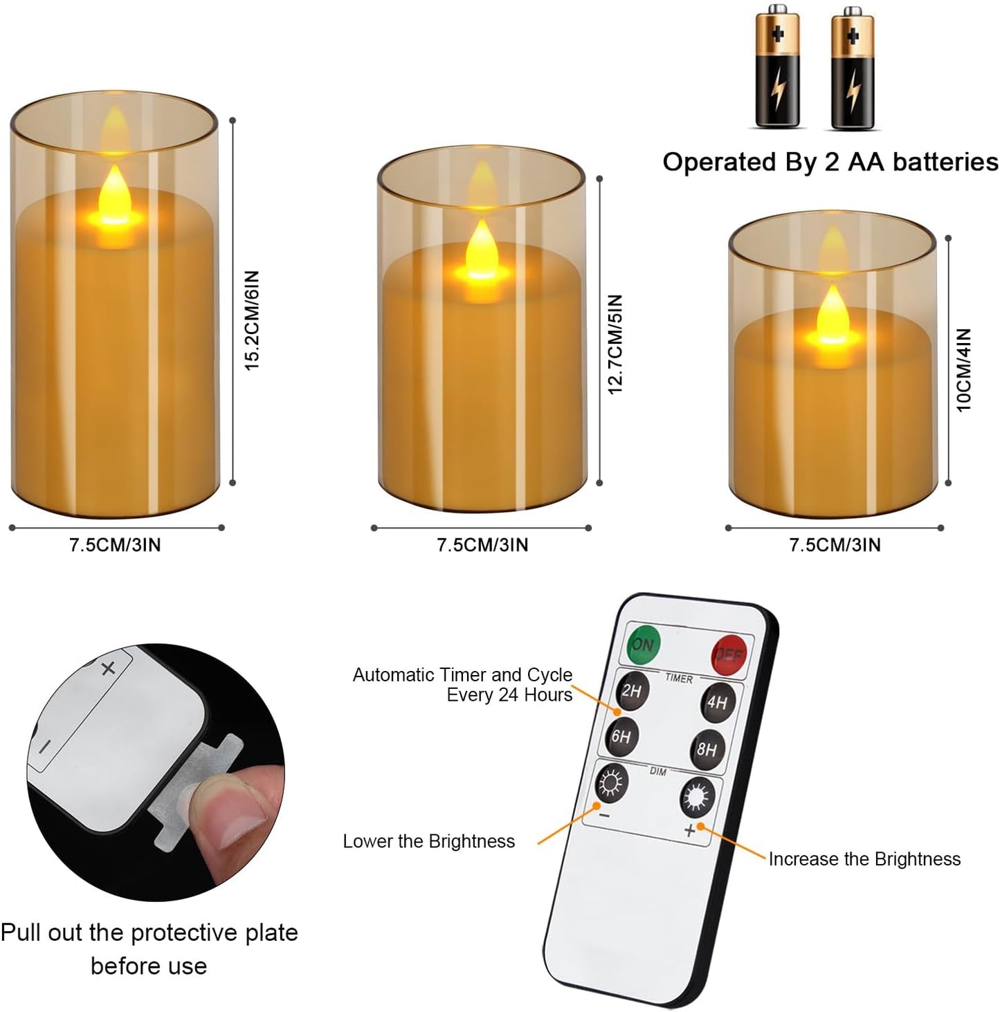 wemarry Flameless Candles 4" 5" 6" Acrylic Glass Pillars 3" Diameter Battery Operated Flickering Candles Include 8-Key Remote with Timer Function 400+ Hours (Gray, Warm Light 3 Pack)