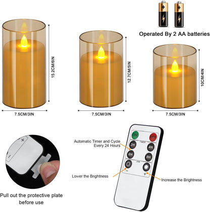wemarry Flameless Candles 4" 5" 6" Acrylic Glass Pillars 3" Diameter Battery Operated Flickering Candles Include 8-Key Remote with Timer Function 400+ Hours (Gray, Warm Light 3 Pack)