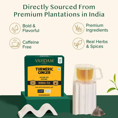 VAHDAM Organic Turmeric Ginger Herbal Tea Bags (100 Pyramid Tea Bags) Caffeine Free, Non GMO | 100% Pure Herbal Blend - Savory & Spicy, Plant-Based Teabags | Resealable Ziplock Pouch