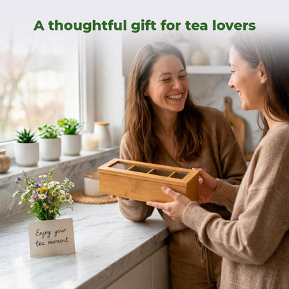 Tea Bag Organizer – Bamboo Tea Box Organizer with Acrylic Lid | Tea Storage Holder | Tea Caddy with 4 Compartments for Drawer, Kitchen Counter & Cabinet (11.8 x 3.5 x 3.5 in)