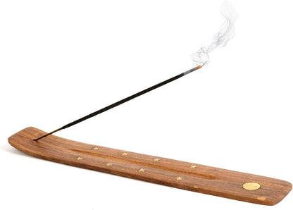 Wooden Incense Holder for Sticks with Inlays of Brass Crescent Moon 10 inches Long