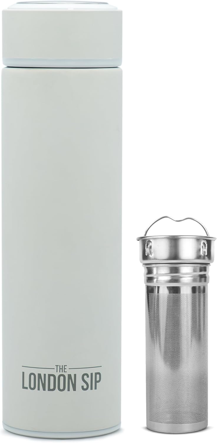 London Sip Multi-Purpose Tea Infuser Travel Mug and Tumbler Fruit Infuser Flask Hot and Cold Double Wall Stainless Steel Thermos with Extra-Long Infuser, Midnight Teal