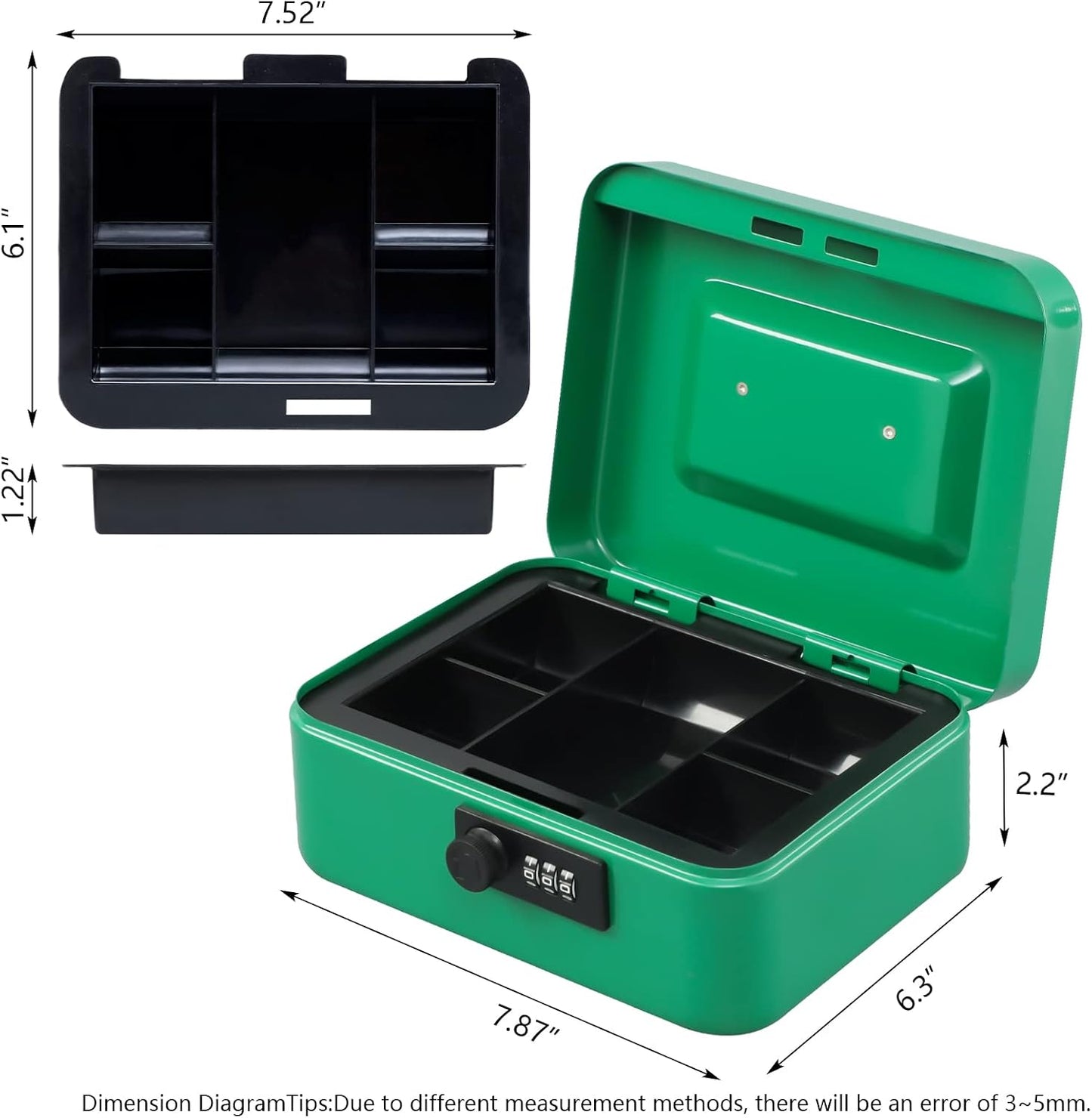 KYODOLED Cash Box with Combination Lock Safe Metal Money Box with Money Tray for Security Lock Box 7.87"x 6.30"x 3.35" Black