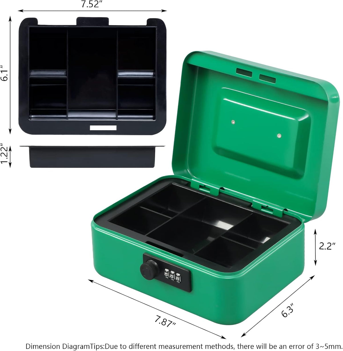 KYODOLED Small Cash Box with Combination Lock & Removable Money Tray, Black