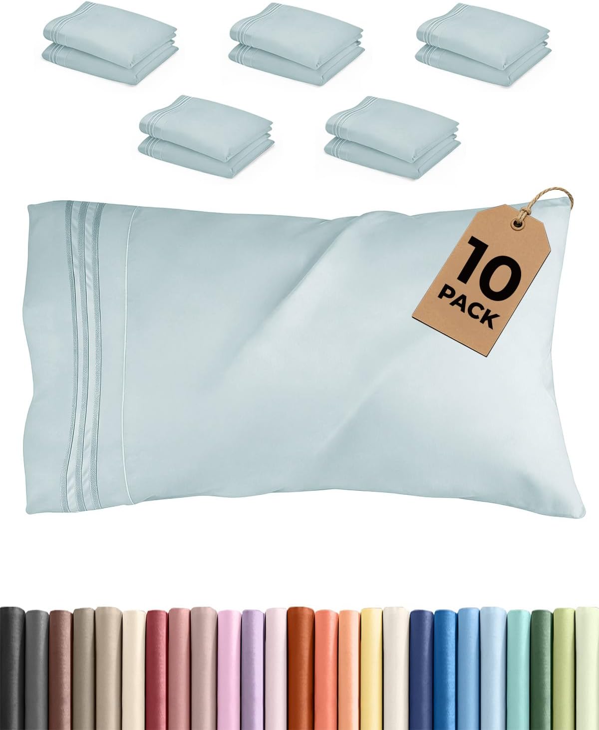 Standard Pillow Cases Set of 10 - Ultra Soft Hotel Quality Pillowcase Covers - Comfy, Cozy & Wrinkle Free - Shrink, Stain and Fade Resistant - Machine Washable Pillow Protectors - 10 Pcs Set - White - Colors A