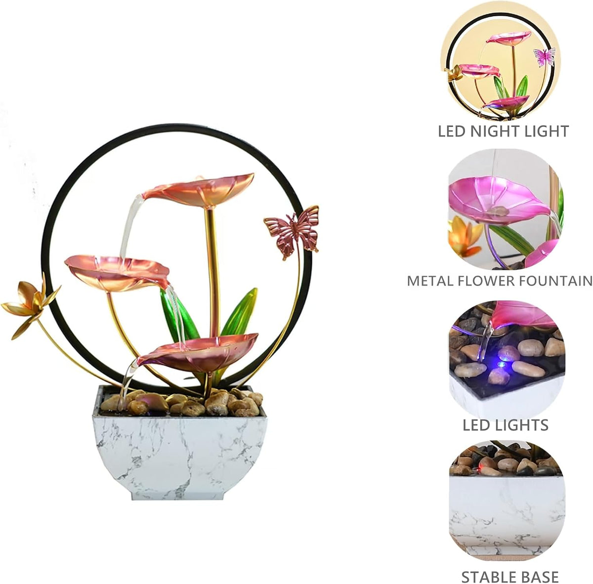 11‘’ H Pink Tabletop Water Fountain, Zen Desktop Waterfall, Indoor Lotus Desktop Decorative Fountain, Home Bathroom Bedroom Decor.