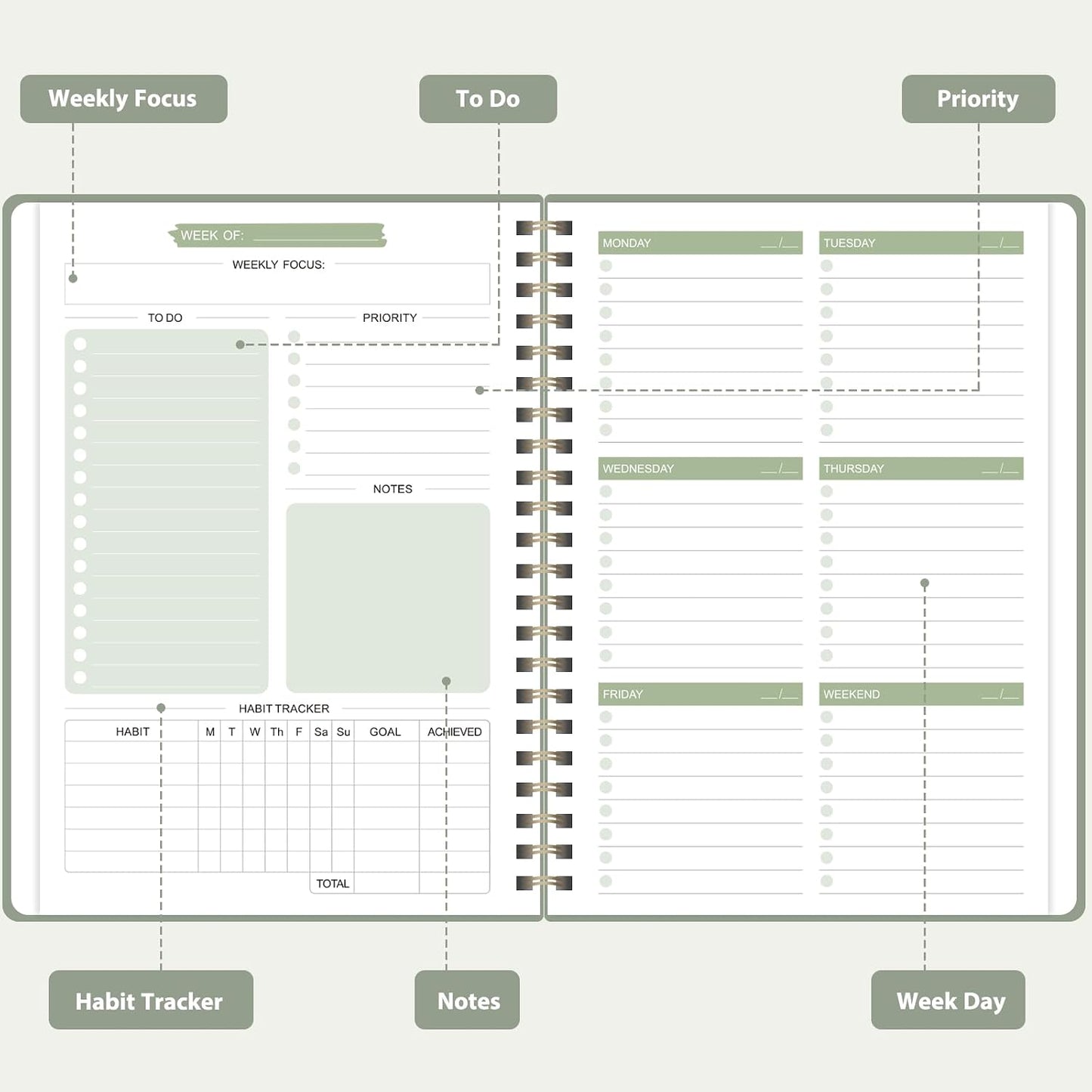 Undated Weekly Planner, Weekly To Do List Notebook, A5 Daily Planner | Office School Supplies, Spiral Binding, Inner Pocket, Goal, Organizer, Habit Tracker