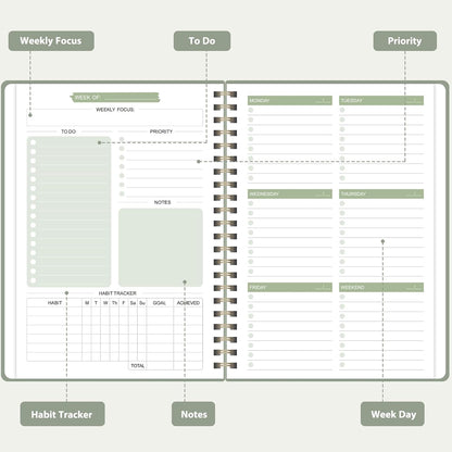 Undated Weekly Planner, Weekly To Do List Notebook, A5 Daily Planner | Office School Supplies, Spiral Binding, Inner Pocket, Goal, Organizer, Habit Tracker