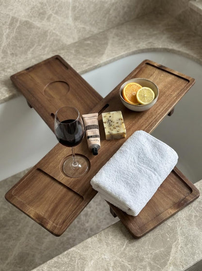 Luxury Wooden Bathub Caddy Tray - Premium Natural Acacia Bath Organizer with Wine Glass Holder, Tablet Slot and Phone Mount - Expandable Spa Board to Fit Most Tubs