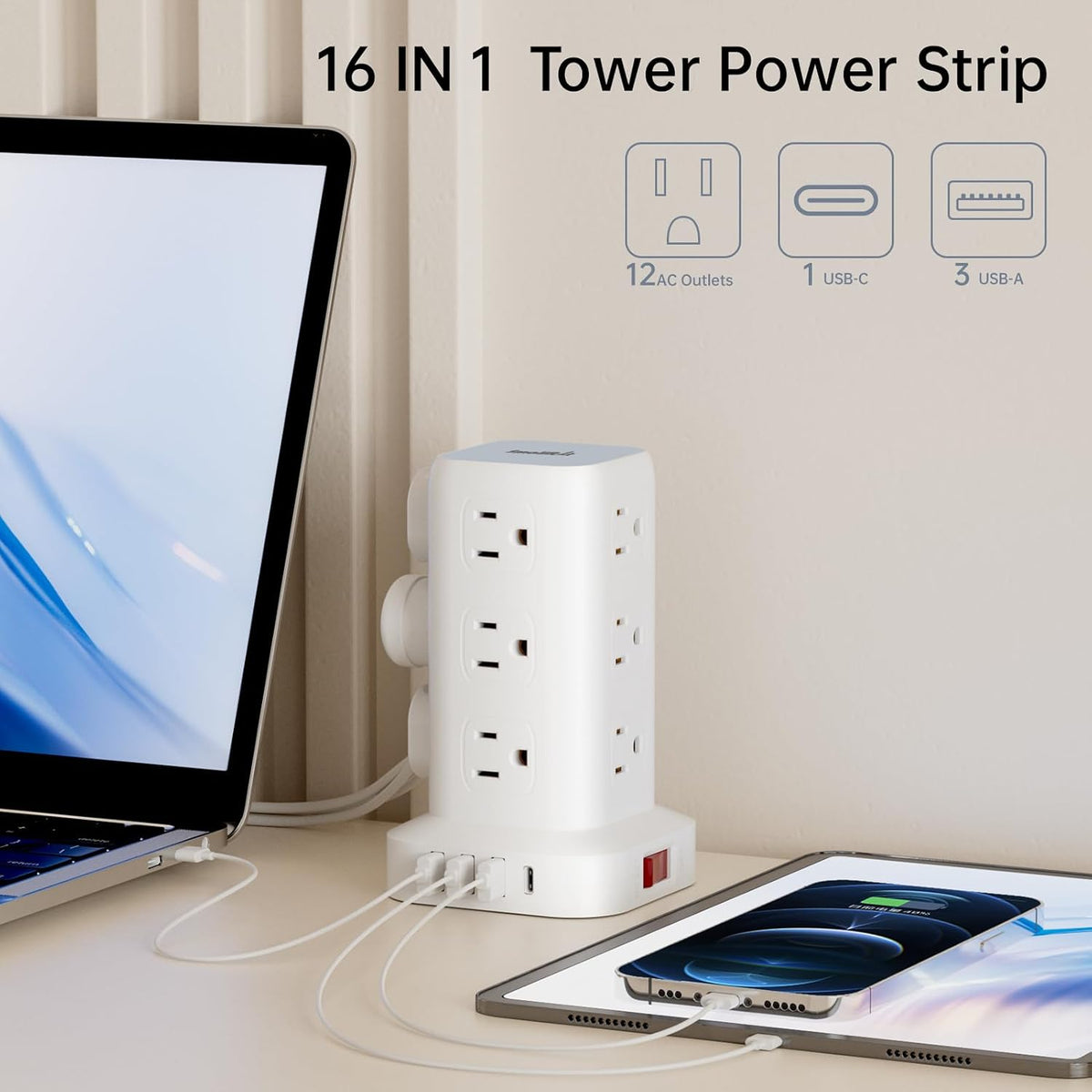 Extension Cord with Multiple Outlets, SMALLRT Power Strip Tower, Outlet Extender with 12 AC Outlets 4 USB, 6.5FT Extension Cord for Home Dorm Room, Office Supplies,Overload Protection
