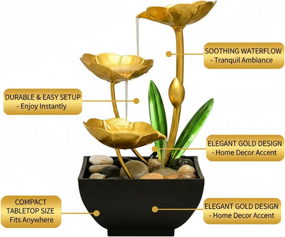 11‘’ H Gold Tabletop Water Fountain, Zen Desktop Waterfall, Indoor Lotus Desktop Decorative Fountain, Home Bathroom Bedroom Decor.
