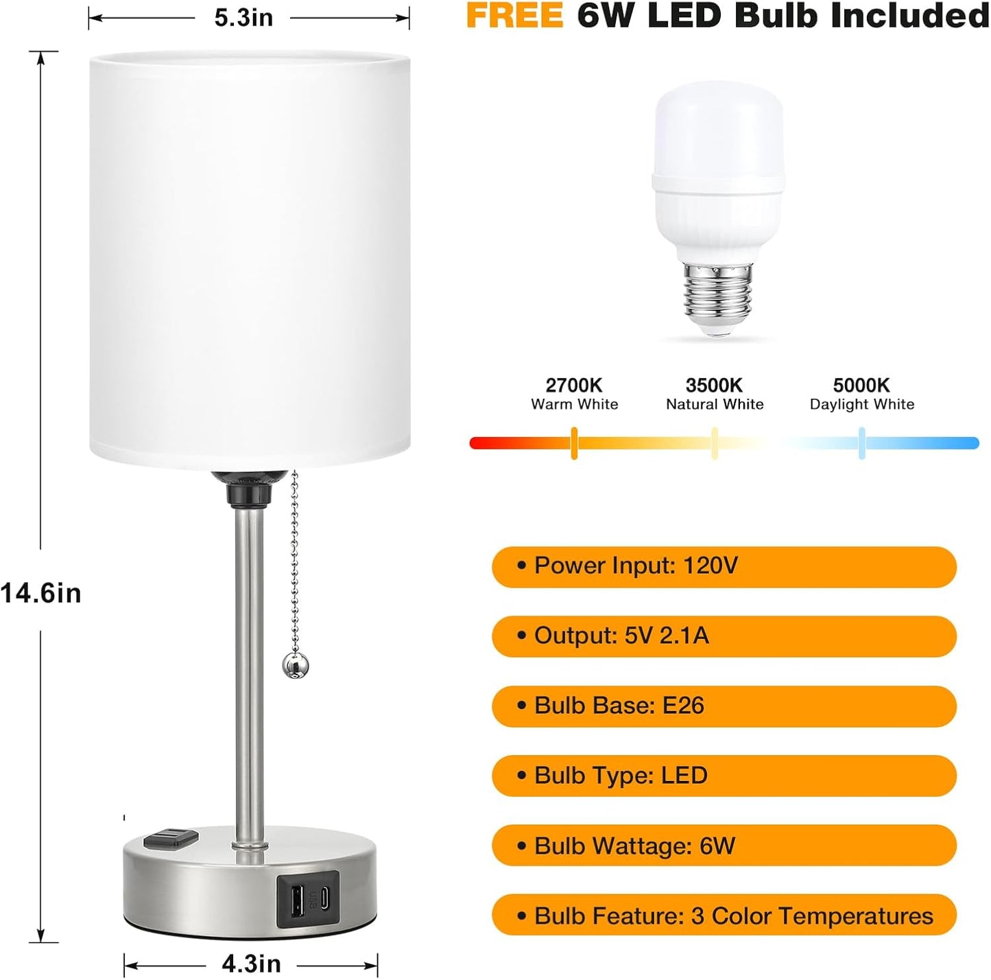 Small Bedside Table lamp for Bedroom - 3 Color Temperatures Bedside Lamps with USB C and A Ports, Pull Chain Table Lamps with AC Outlet, White Nightstand Lamps with Black Metal Base for Kids Reading