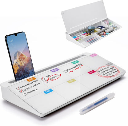 TSJ OFFICE Whiteboard Weekly Dry-Erase-Board - Desktop White Board Calendar Desk Organizers with Accessories Computer Keyboard Stand with Drawer, for Office, Home, School Supplies - White Calendar