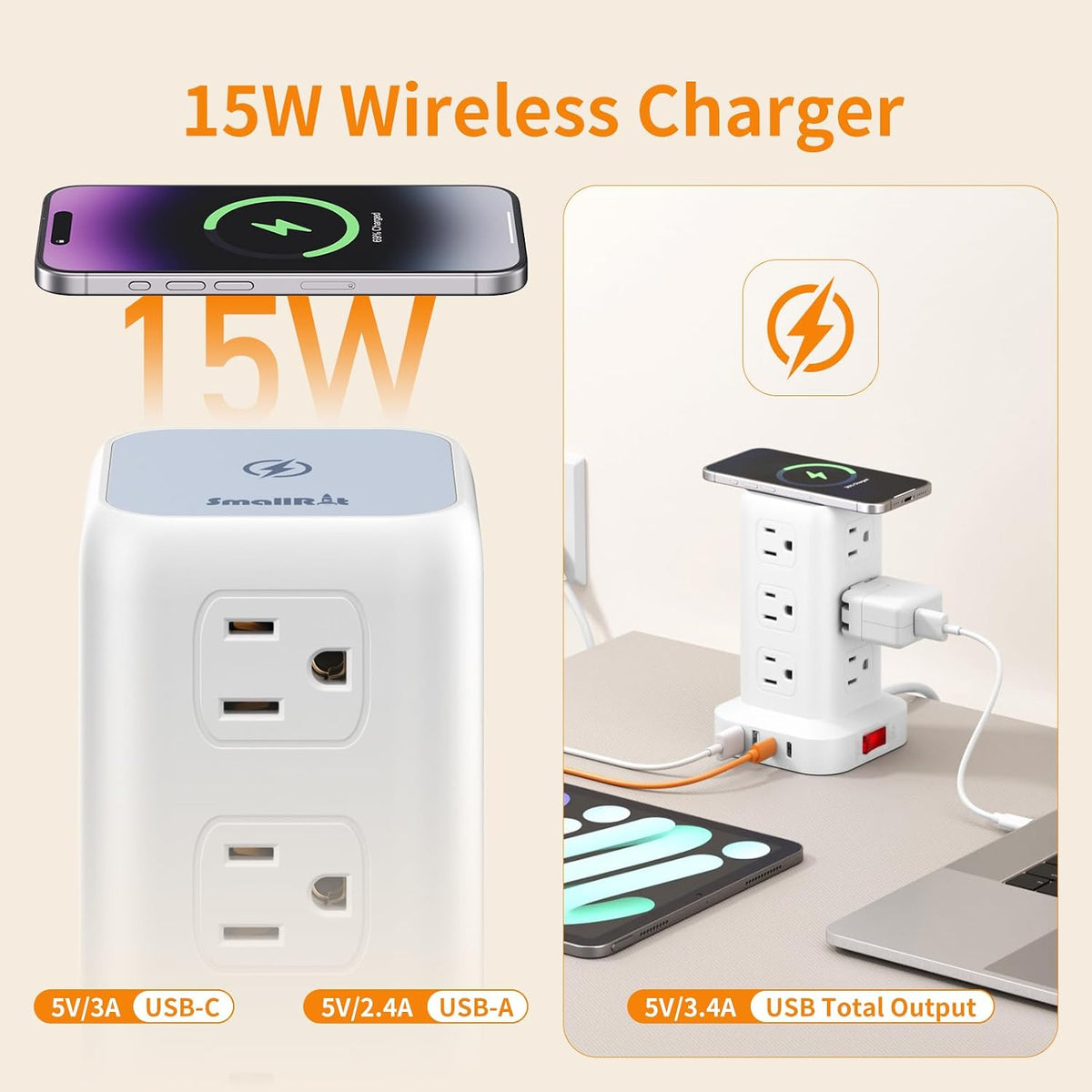 Extension Cord with Multiple Outlets, SMALLRT Power Strip Tower, Outlet Extender with 12 AC Outlets 4 USB, 6.5FT Extension Cord for Home Dorm Room, Office Supplies,Overload Protection