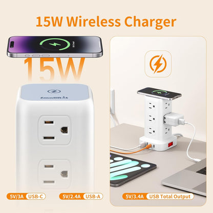 Extension Cord with Multiple Outlets, SMALLRT Power Strip Tower, Outlet Extender with 12 AC Outlets 4 USB, 6.5FT Extension Cord for Home Dorm Room, Office Supplies,Overload Protection
