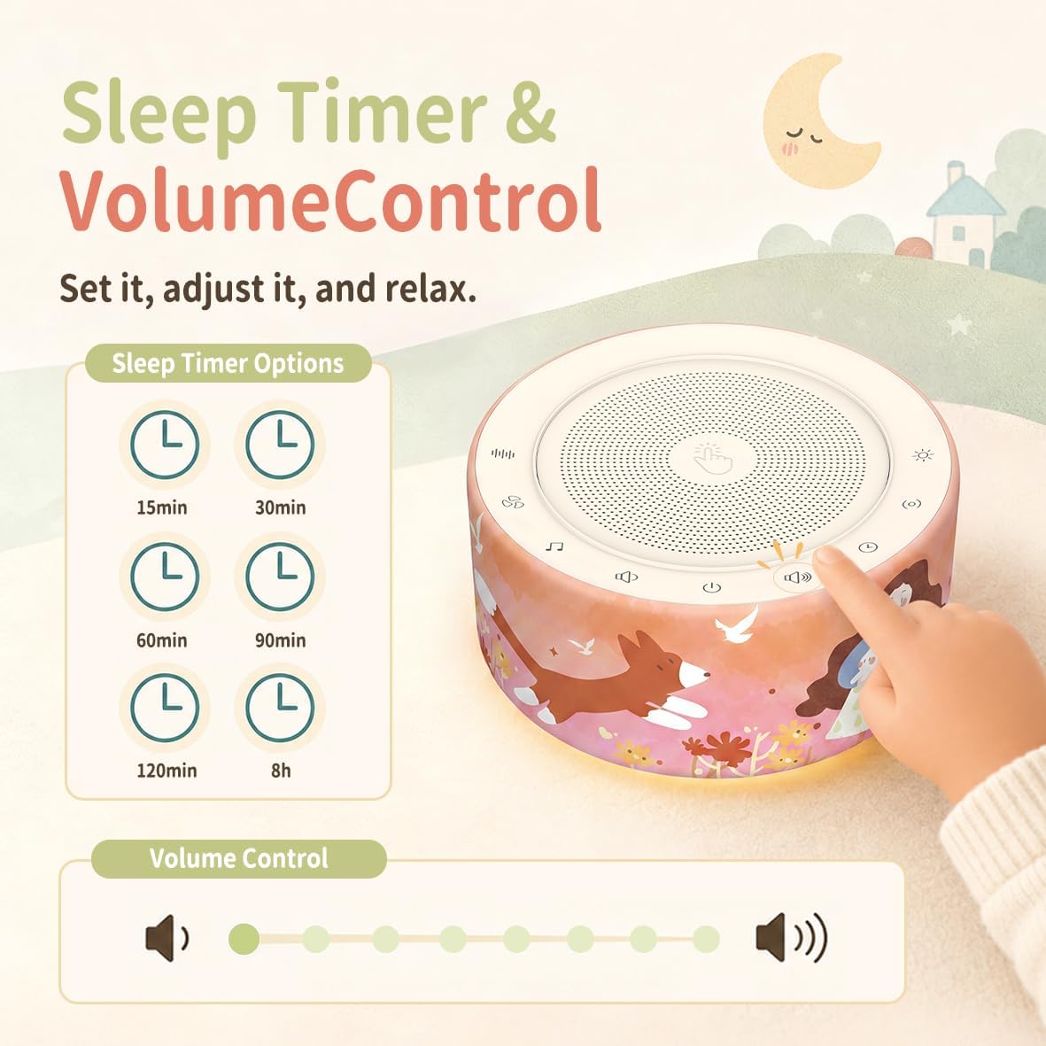 Kipcush White Noise Machine for Baby & Adults, 30 Soothing Sounds, Soft Non-Glare Nursery Lamp, 8 Color Night Lights, Memory Function (Angel V1 White, Standard)
