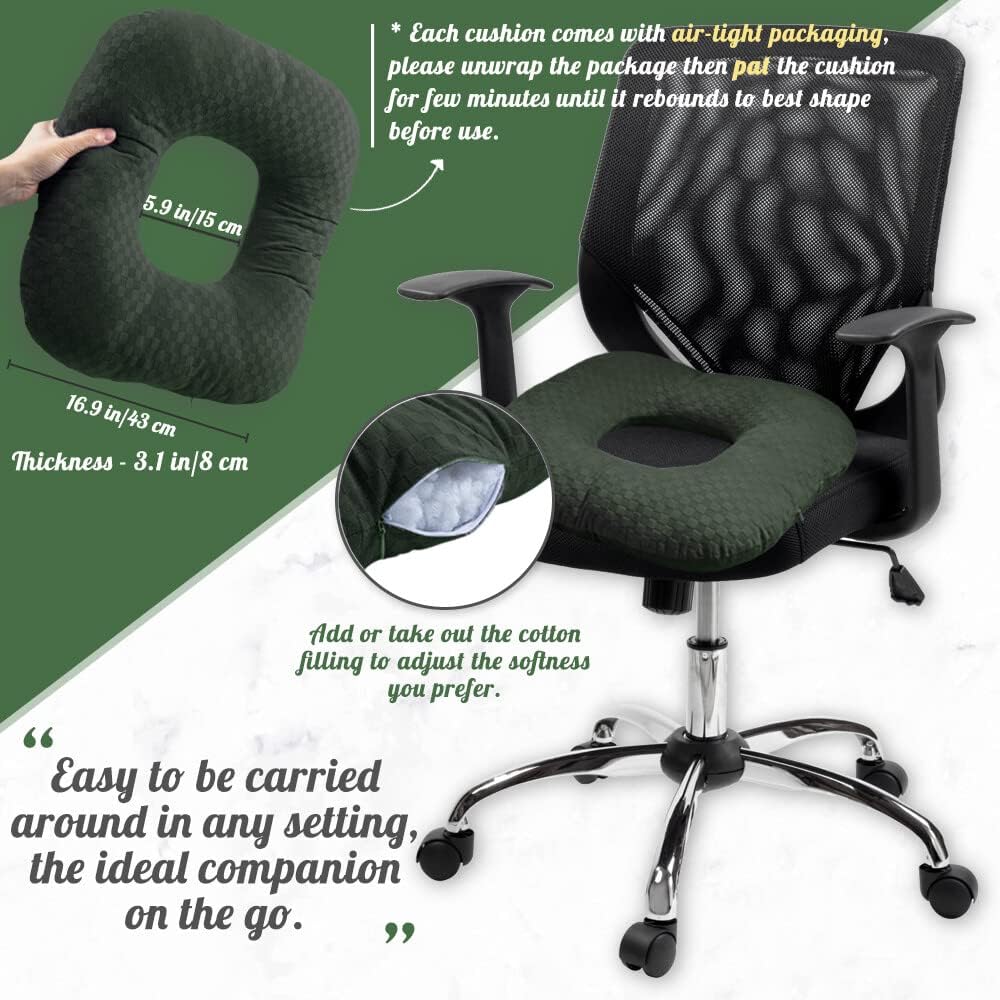Stuffed Donut Pillow Seat Cushion | for Tailbone and Coccyx Pain, Hemorrhoids, Bed Sores, Pregnancy, Prostate, Surgery Recovery, Sitting Pressure Relief, for Home, Office and Car (Grey)