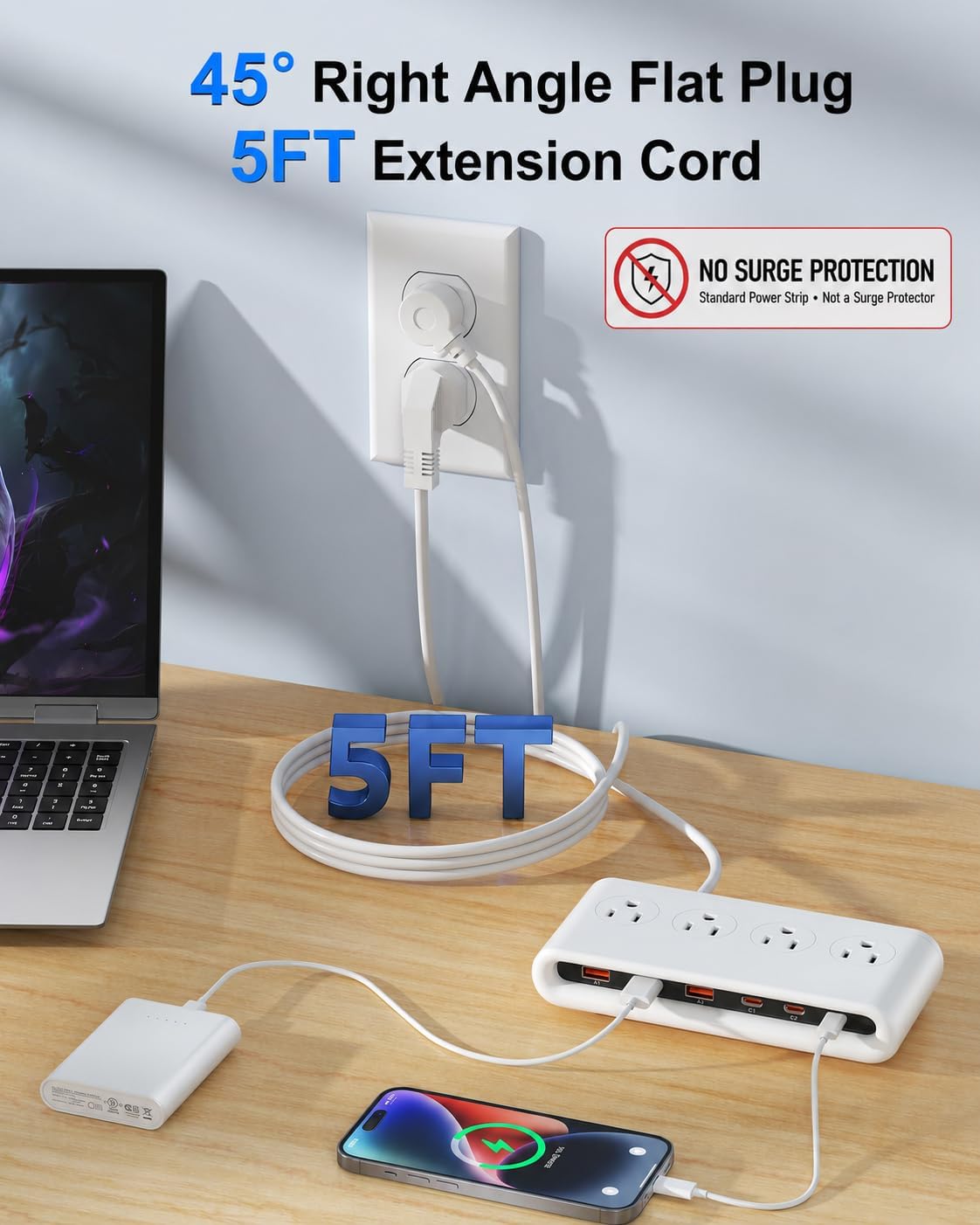 Power Strip with USB Port - 4AC & 6 USB(3USB C), Outlet Extender 5FT