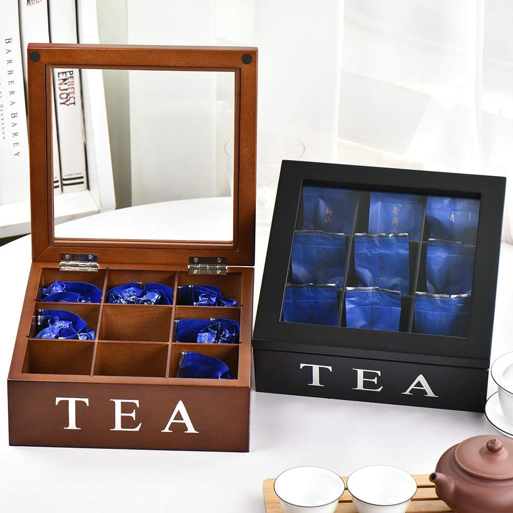 Wood Tea Storage Box, Teabag Storing 9 Compartments Wooden Tea Box Hinged Glass Lid Tea Organizer-Black
