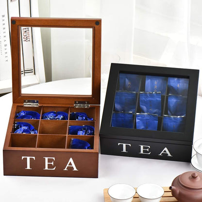 Wood Tea Storage Box, Teabag Storing 9 Compartments Wooden Tea Box Hinged Glass Lid Tea Organizer-Black