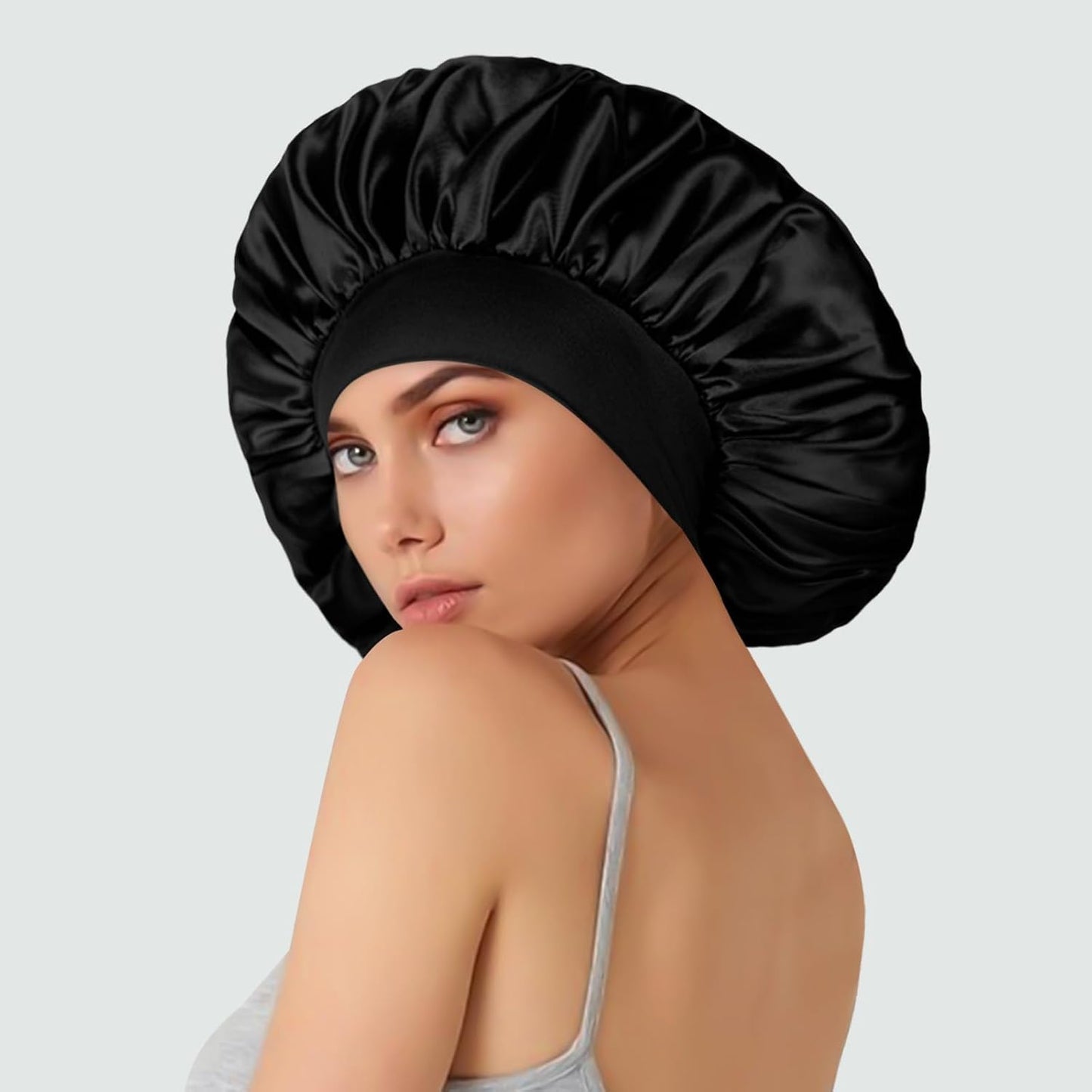 Extra Large Satin Bonnet Hair Cap for Women Men | 17inches, Jumbo Silk Sleep Cap, Wide Elastic Band for Braids Curly Hair Locs, Black
