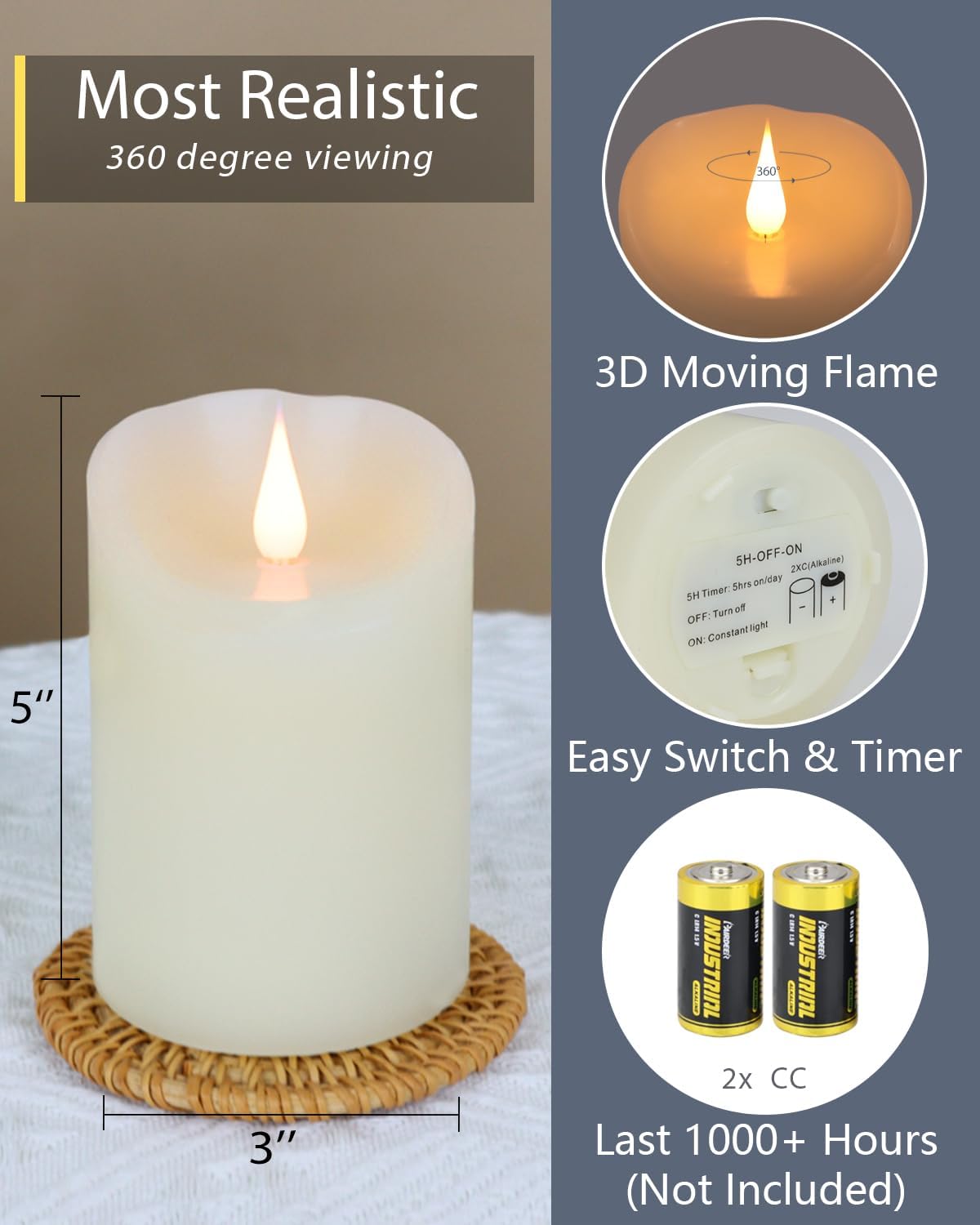 TECHLONG Flickering Flameless Candles with 3D Moving Flame, Last 1000+ Hours Battery Operated Candles with Timer, Ivory Real Wax Pillar Electric LED Candle for Wedding Christmas Party/3" x 5"