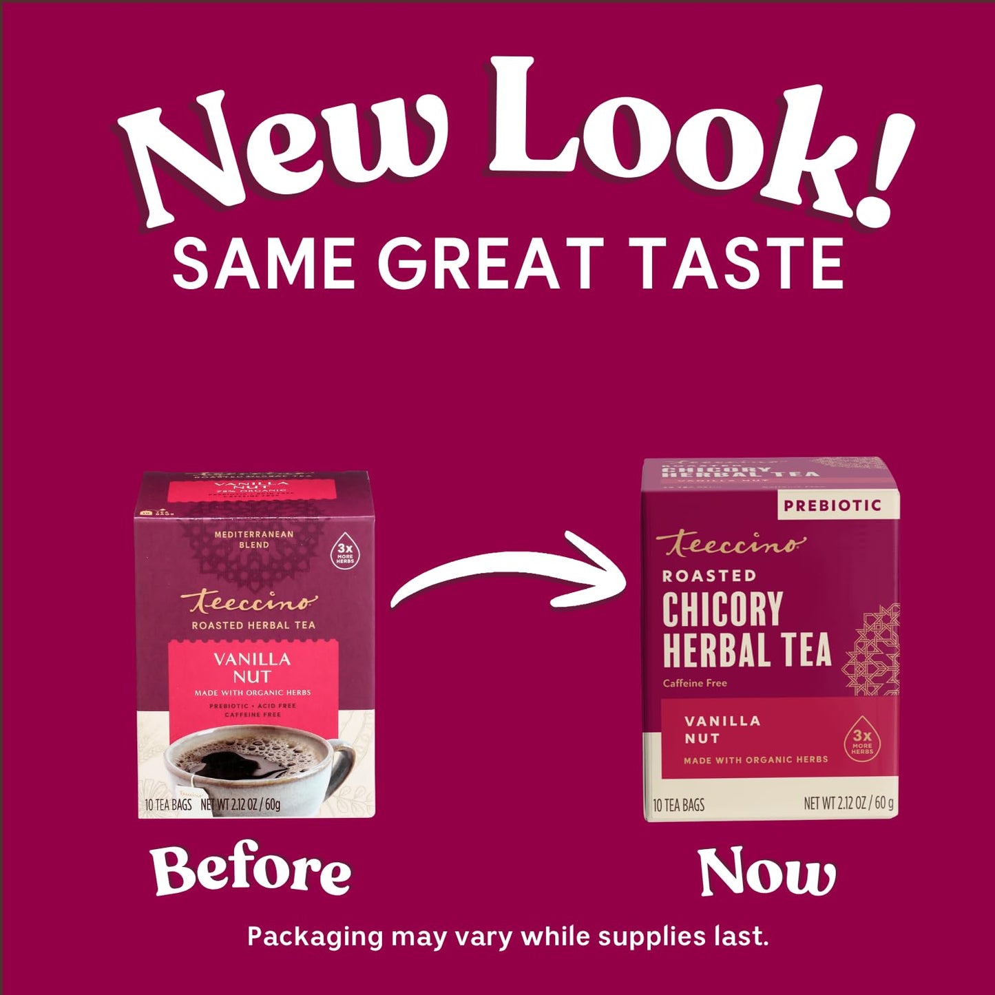 Teeccino Holiday Herbal Tea Sampler Assortment - Candy Cane, Gingerbread, Snickerdoodle - Caffeine-Free Holiday Dessert Teas with Prebiotic Chicory, 12 Tea Bags