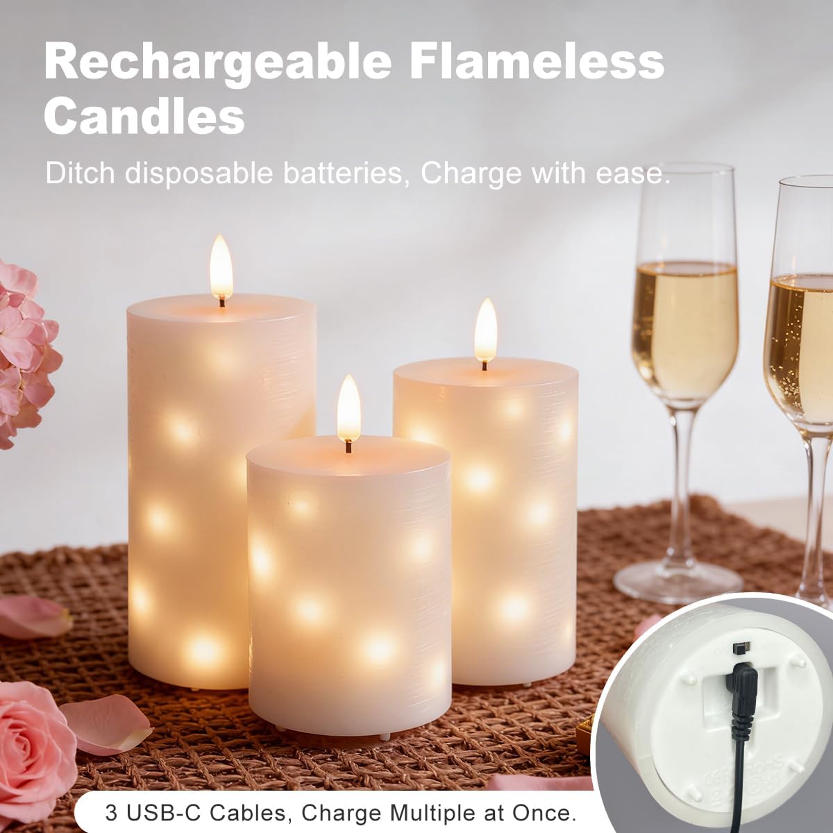 LEDHOLYT Rechargeable Flameless Glass Pillar Candles–Gifts for Women,–Set of 3, Realistic Flickering LED Flame,Remote & Timer, Ideal for Living Room, Bedroom & Halloween Festival Home Party Decor