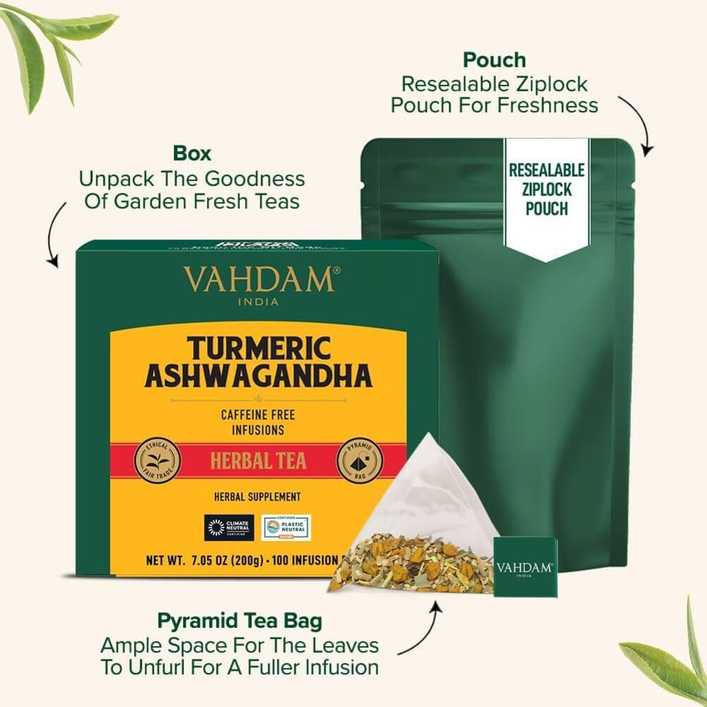 VAHDAM Organic Turmeric Ginger Herbal Tea Bags (100 Pyramid Tea Bags) Caffeine Free, Non GMO | 100% Pure Herbal Blend - Savory & Spicy, Plant-Based Teabags | Resealable Ziplock Pouch