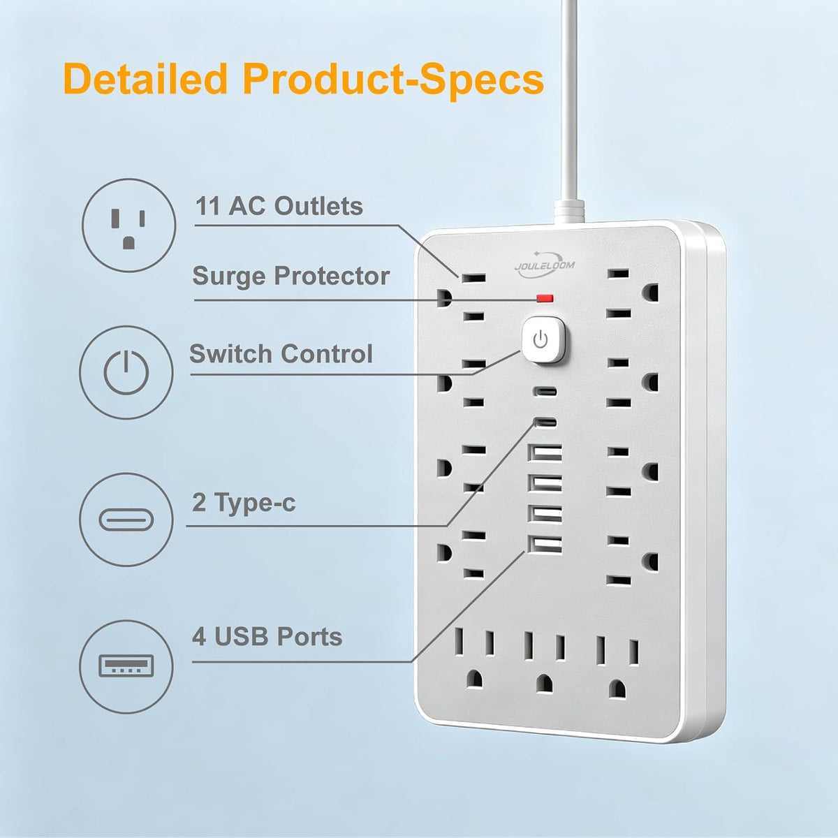 6 FT Flat Plug Surge Protector Power Strip,11 AC Outlets with 6 USB Ports