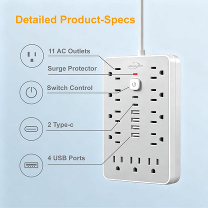 6 FT Flat Plug Surge Protector Power Strip,11 AC Outlets with 6 USB Ports