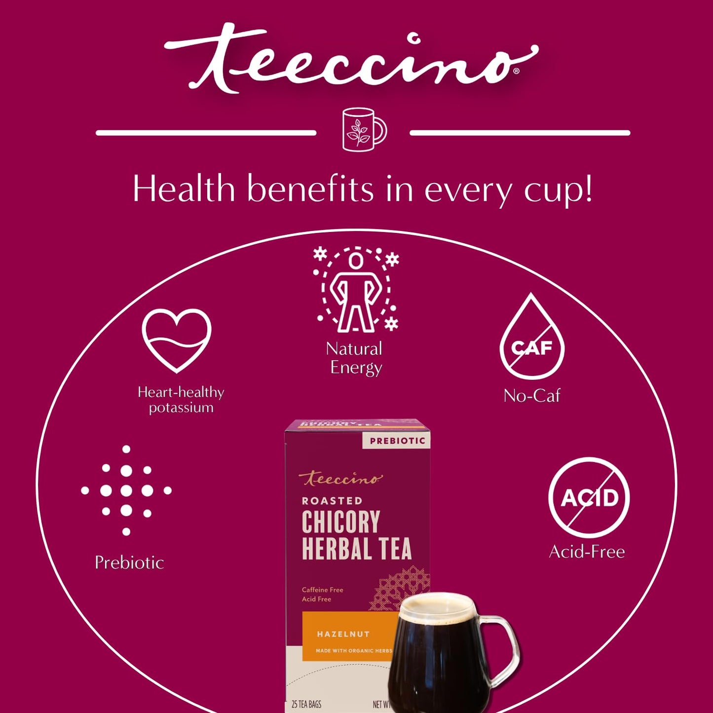 Teeccino Holiday Herbal Tea Sampler Assortment - Candy Cane, Gingerbread, Snickerdoodle - Caffeine-Free Holiday Dessert Teas with Prebiotic Chicory, 12 Tea Bags