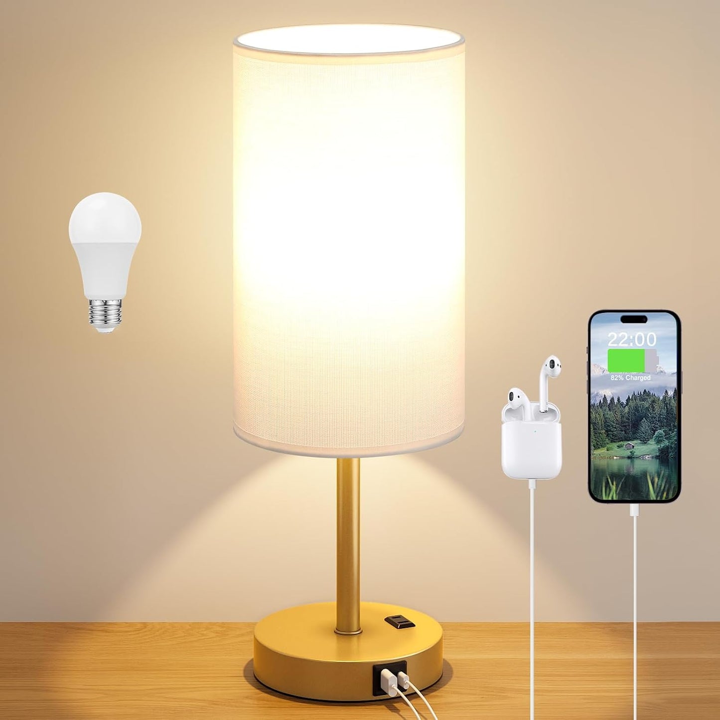 Dicoool Touch Bedside Table Lamp with USB - 3 Way Dimmable Wood Lamp for Bedroom Nightstand, Desk Lamp with Charging Station for Dorm, Living Room, Office, Kids Room, Small, 14in