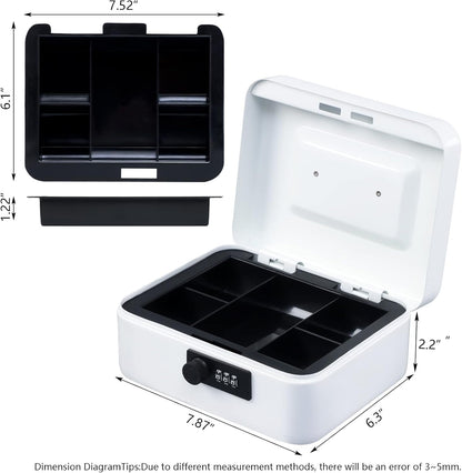 KYODOLED Cash Box with Combination Lock Safe Metal Money Box with Money Tray for Security Lock Box 7.87"x 6.30"x 3.35" Black