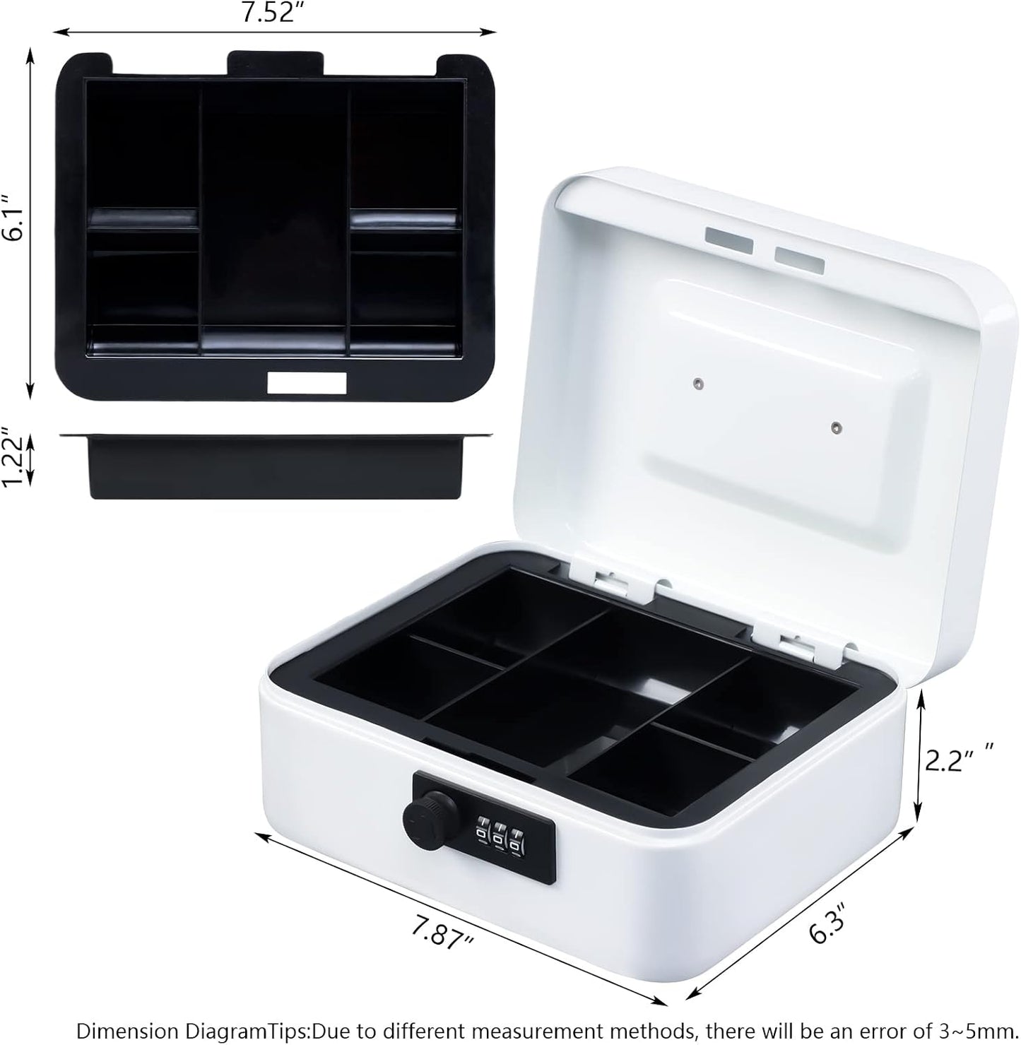 KYODOLED Small Cash Box with Combination Lock & Removable Money Tray, Black