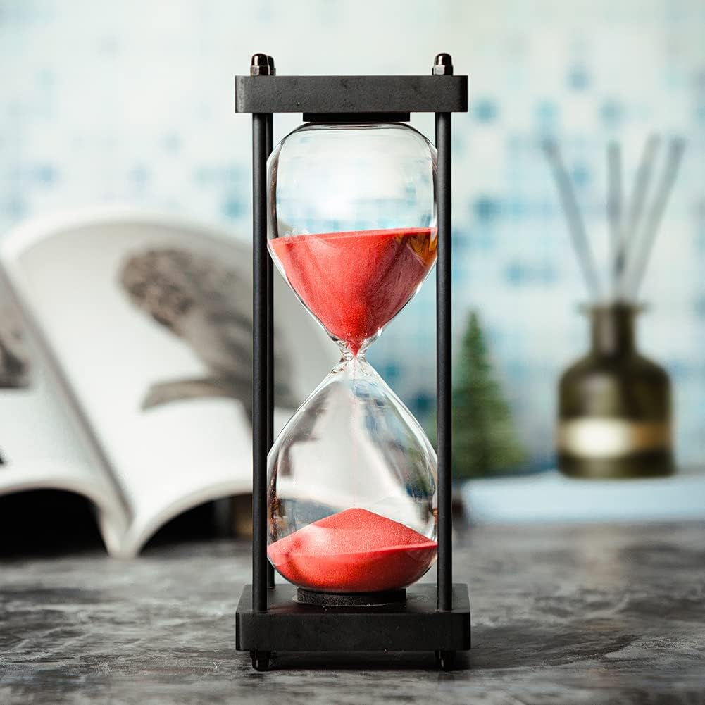 Hourglass Timer 60 Minute, Black Wooden Frame Decorative Sand Timer (Black Sand, Large Size)