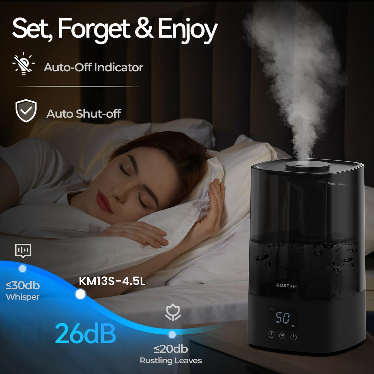 ROSEKM Humidifiers for Bedroom (1.1L), Small Cool Mist Humidifier for Home Plant and Baby Nursery, Quiet Ultrasonic Humidifier with 360° Nozzle, Auto Shut-Off, Filterless, Black