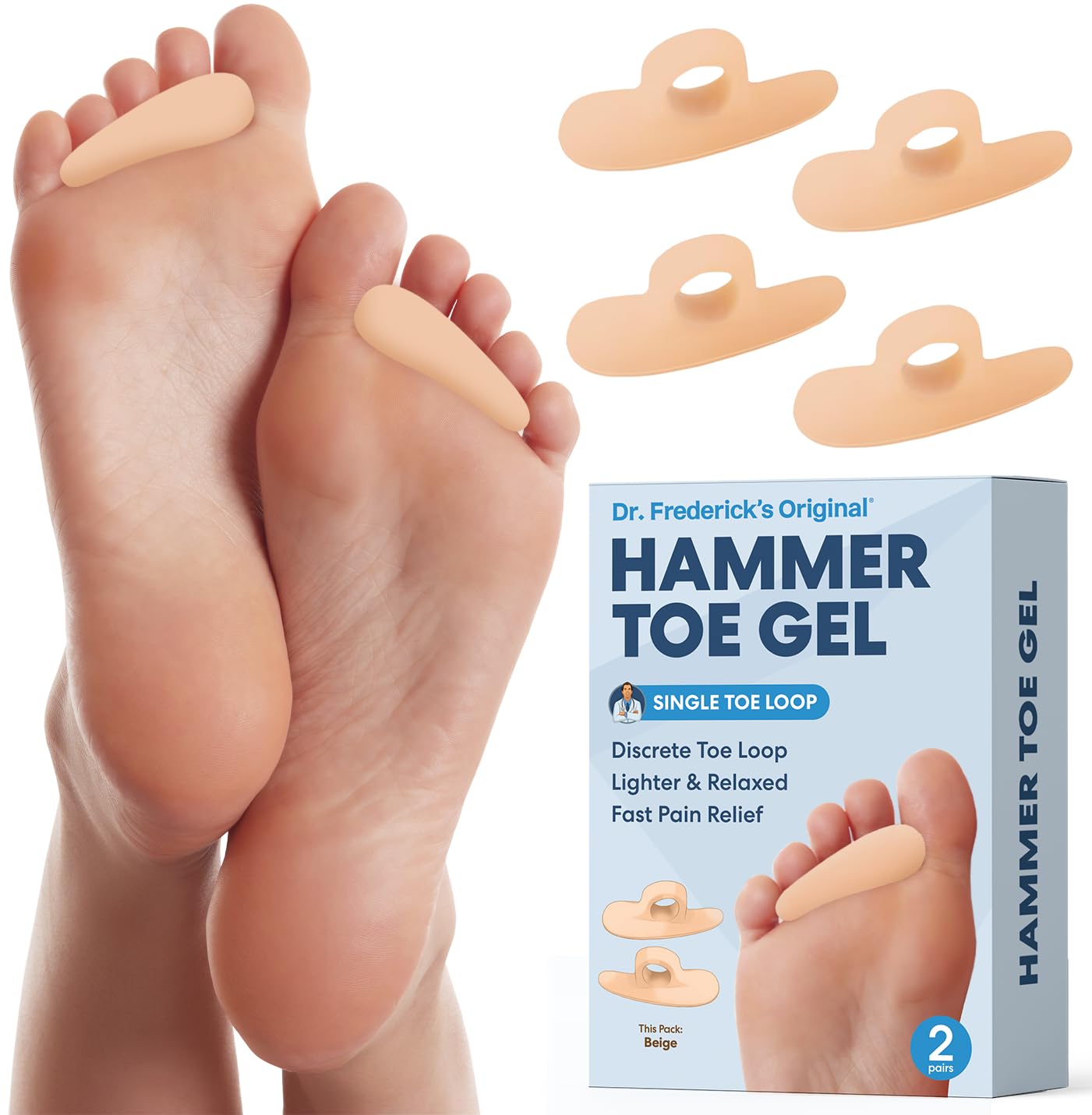 Dr. Frederick's Original Hammer Toe Corrector Gels - 2 Pairs - All-Day Relief for Crooked & Overlapping Toes - Soft Cushioning - Symptomatic Support for Toe Alignment - White - 3 Loop Design