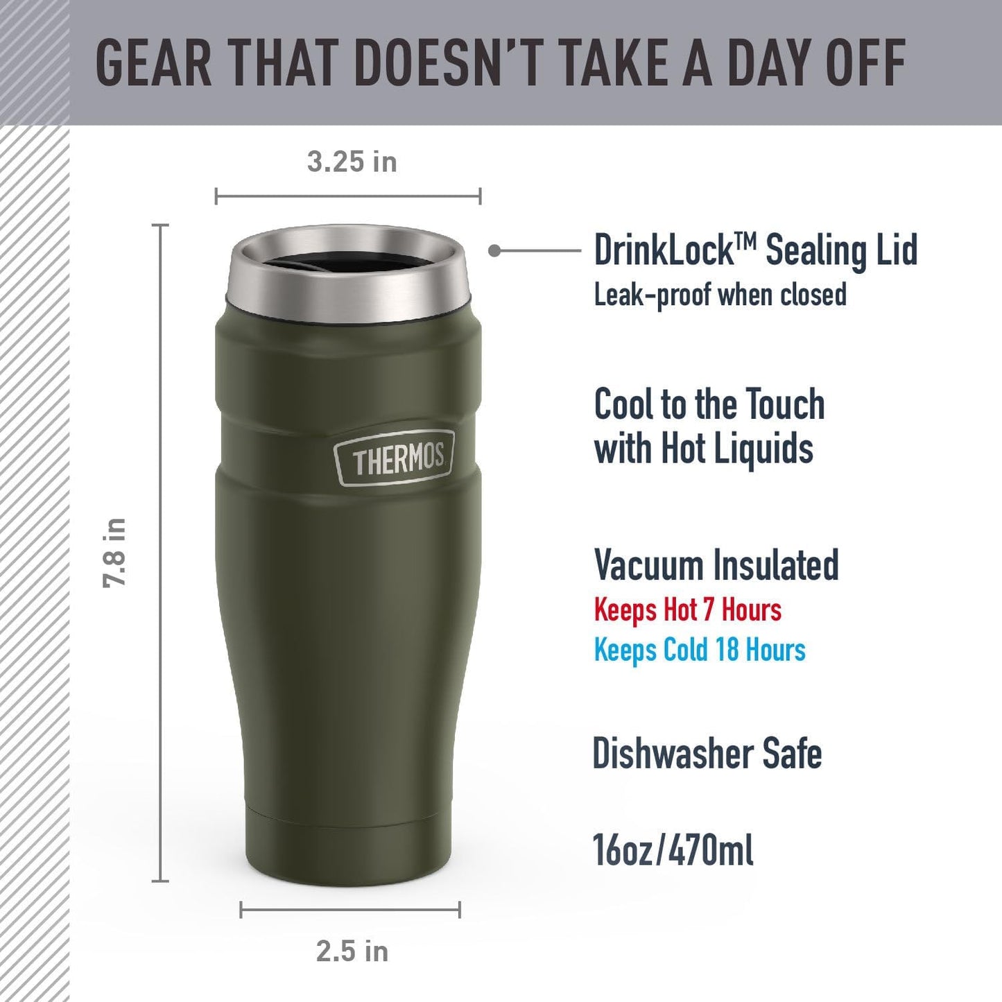 THERMOS Stainless King Vacuum-Insulated Travel Tumbler, 16 Ounce, Matte Steel