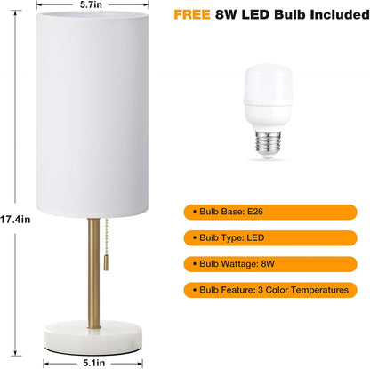 Small Bedside Table lamp for Bedroom - 3 Color Temperatures Bedside Lamps with USB C and A Ports, Pull Chain Table Lamps with AC Outlet, White Nightstand Lamps with Black Metal Base for Kids Reading