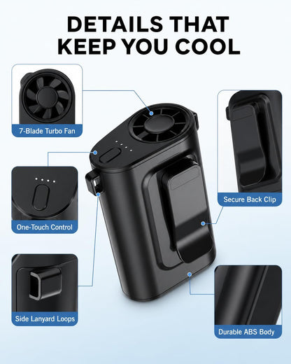 Portable Waist Fan, Ultra Lightweight Wearable Clip On Fan for Shirt, Mini Personal Neck Fan for Travel, Hands Free Belt Fan with Strong Airflow, Rechargeable Small Body Fan for Women & Men