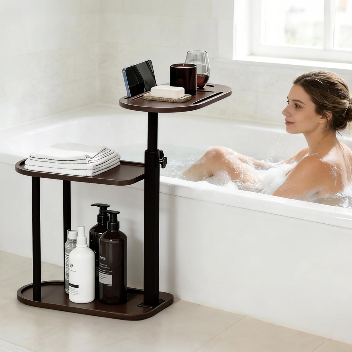 3 Layer Bathtub Tray Table,Bamboo Swivel Bathtub Side Table Height Adjustable,Freestanding Bathtub Tray for Tub Against Wall,Bathtub Accessories&Bathroom Organizer for Luxury Home Spa (Black)