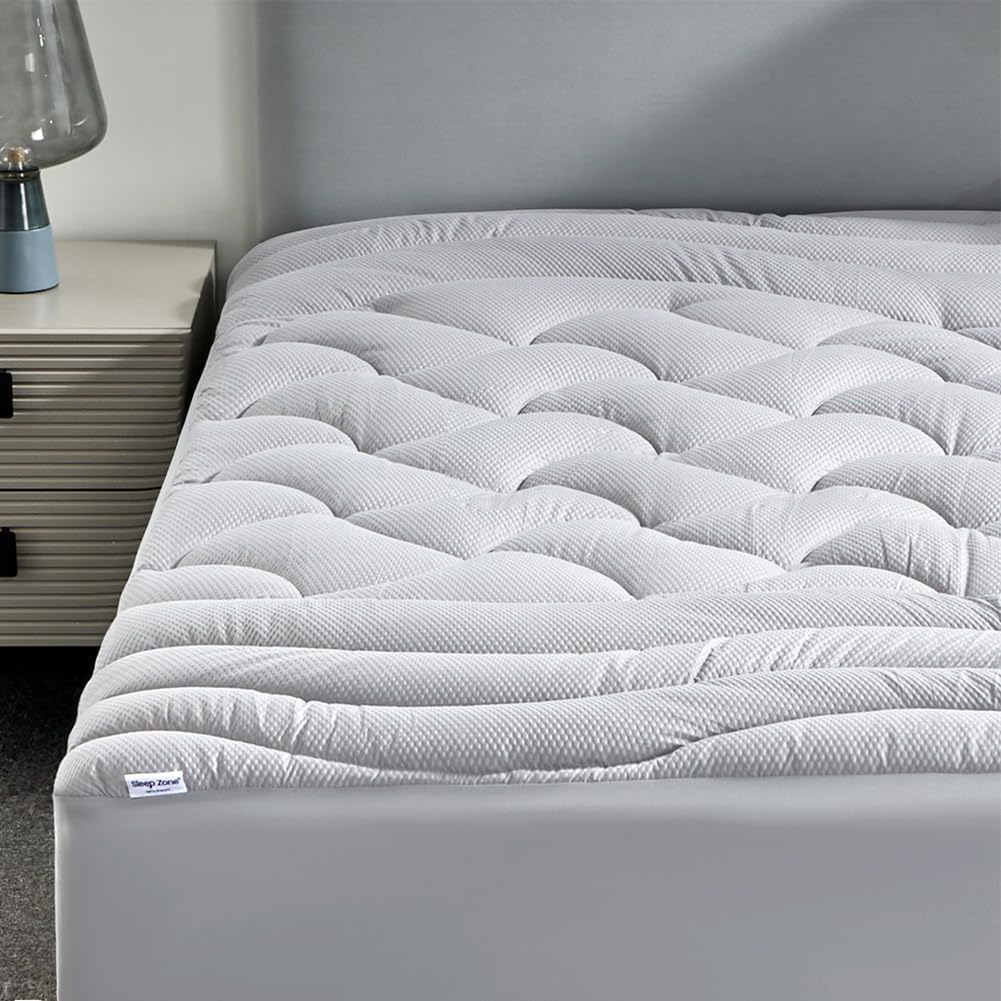 SLEEP ZONE Cooling Queen Mattress Topper, Premium Zoned Cool Mattress Pad Cover, Padded Mattress Protector Breathable Washable, Deep Pocket 8-21" (Grey, Queen)